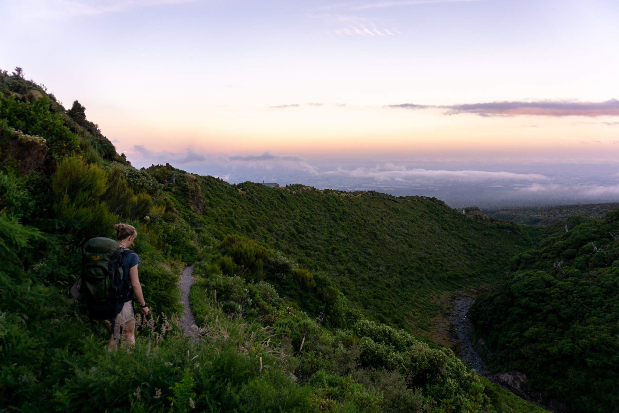 Descending towards Maketawa Hut at sunset