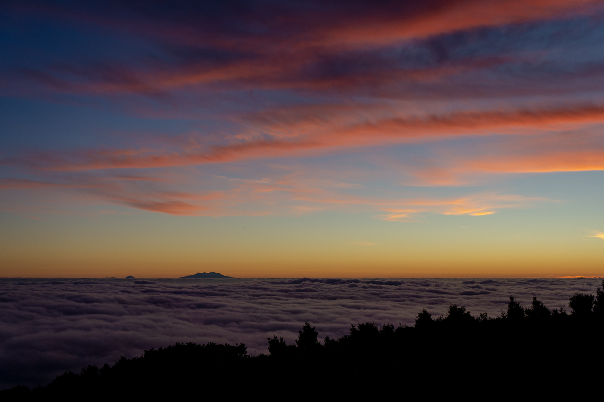 Ruapehu and Ngaurohoe peaking out from an inversion layer of clouds at sunrise